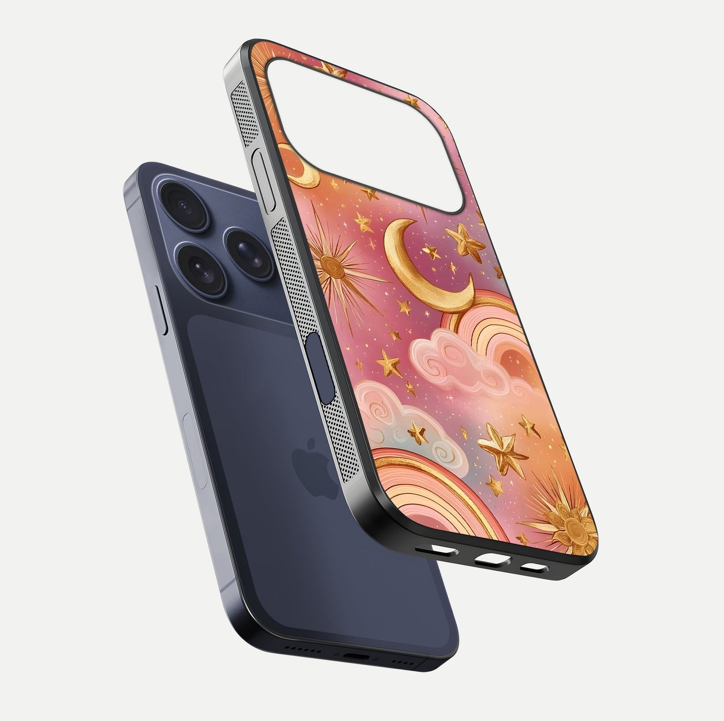 Golden Celestial Dreams Glass Case for iPhone 17 Pro floating dual-view mockup showing gloss surface and dream-like glow