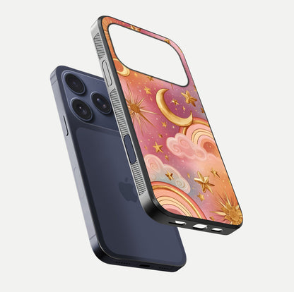 Golden Celestial Dreams Glass Case for iPhone 17 Pro floating dual-view mockup showing gloss surface and dream-like glow