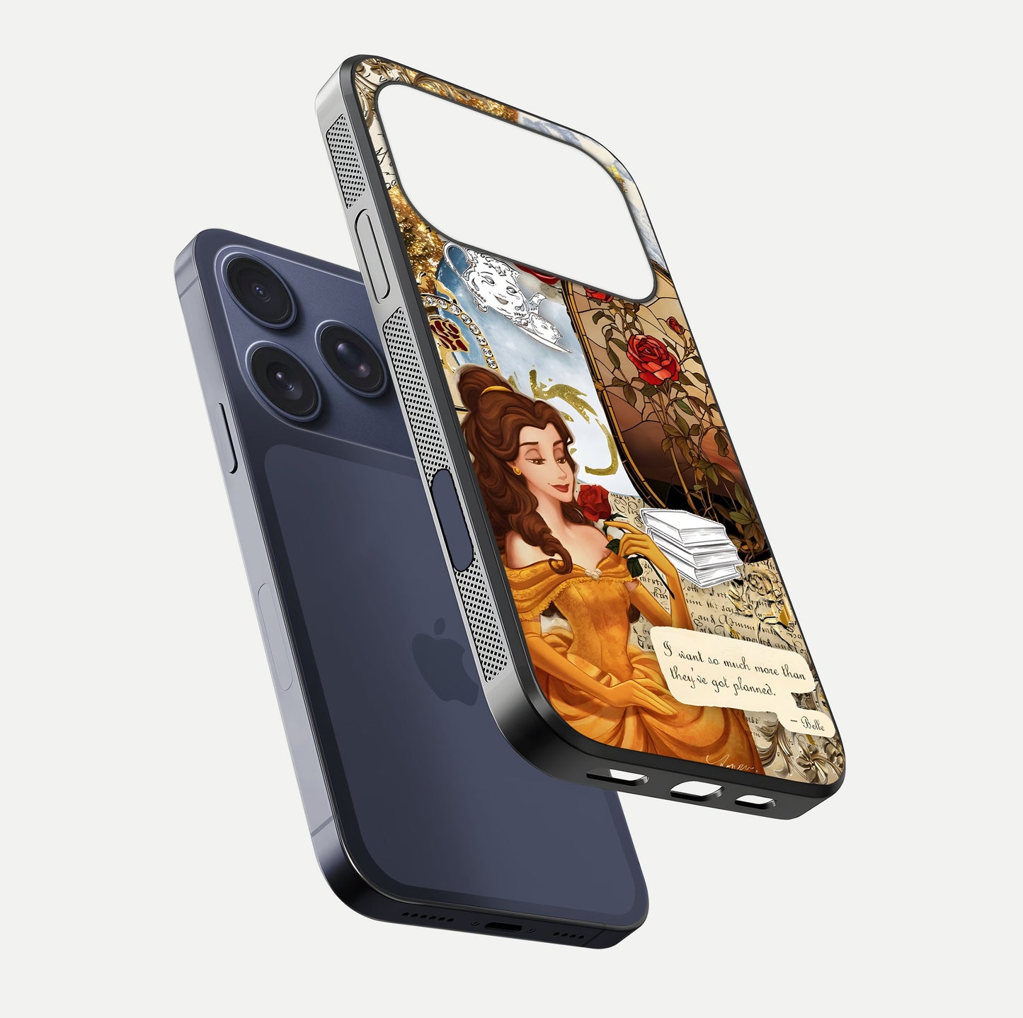 Golden Dream Belle Glass Case for iPhone 17 Pro floating dual-view mockup highlighting gloss texture and elegant shimmer
