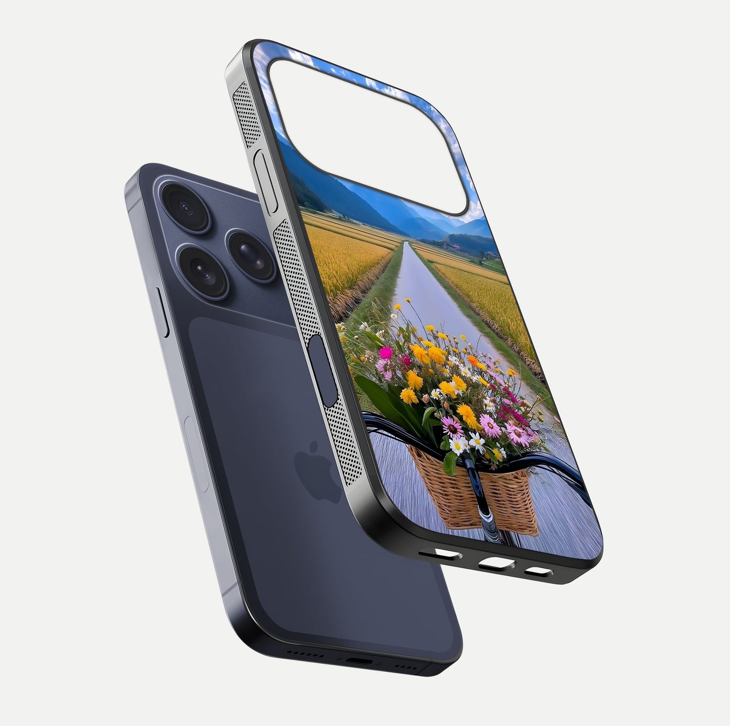 Golden Field Journey Glass Case for iPhone 17 Pro floating dual-view mockup showing gloss surface and field depth