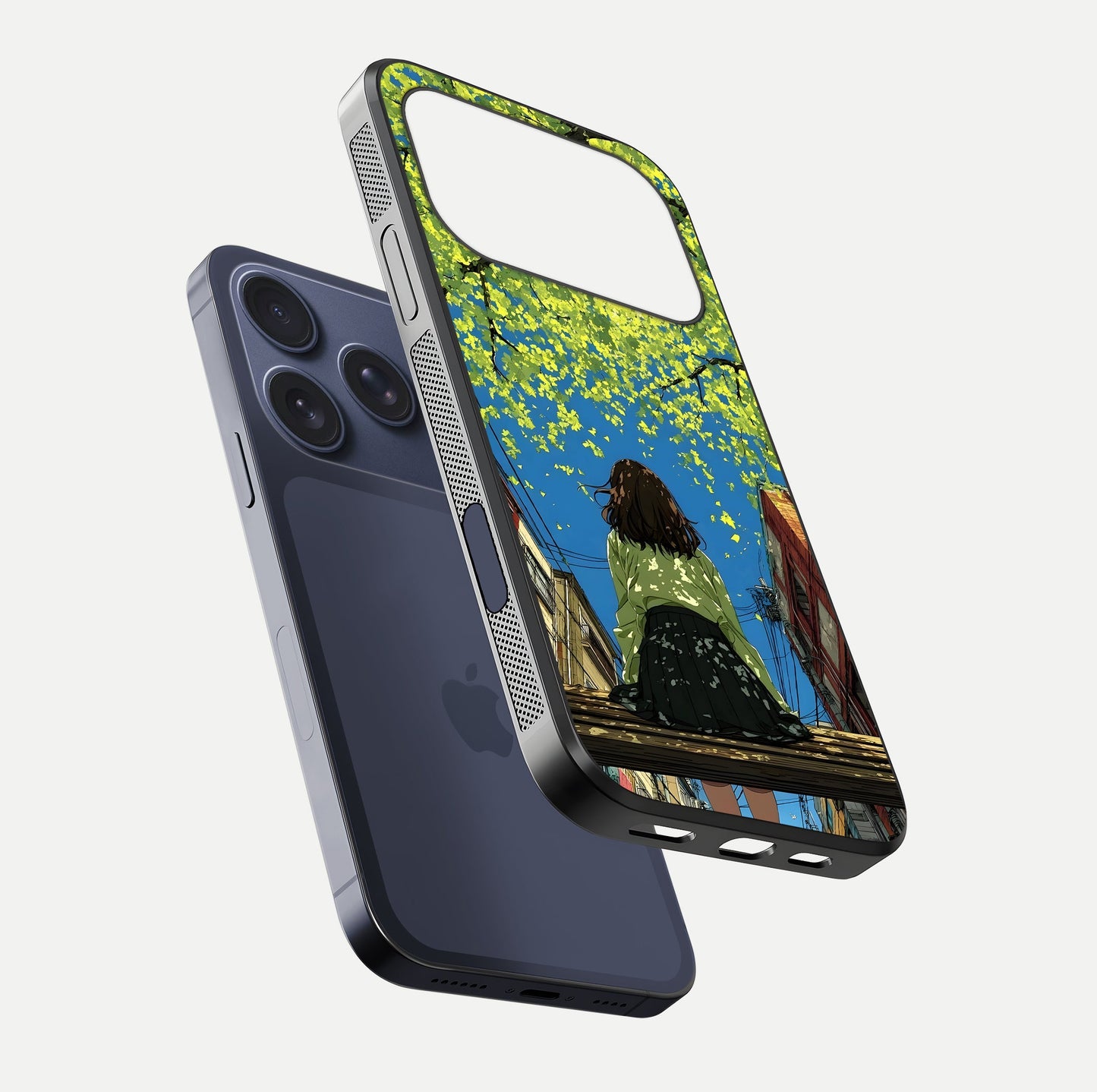 Golden Leaves Glow Glass Case for iPhone 17 Pro floating dual-view mockup showing gloss depth and gold-leaf detail