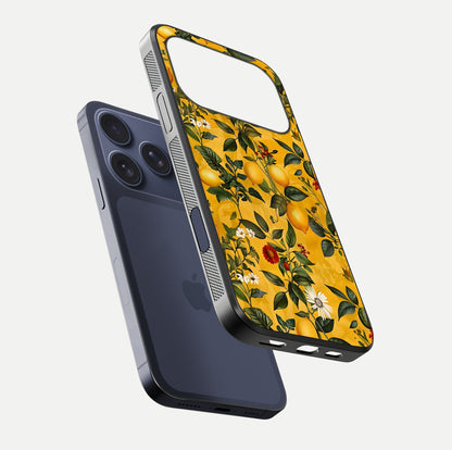 Golden Lemon Field Glass Case for iPhone 17 Pro floating dual-view mockup showing gloss shine and yellow-gold palette