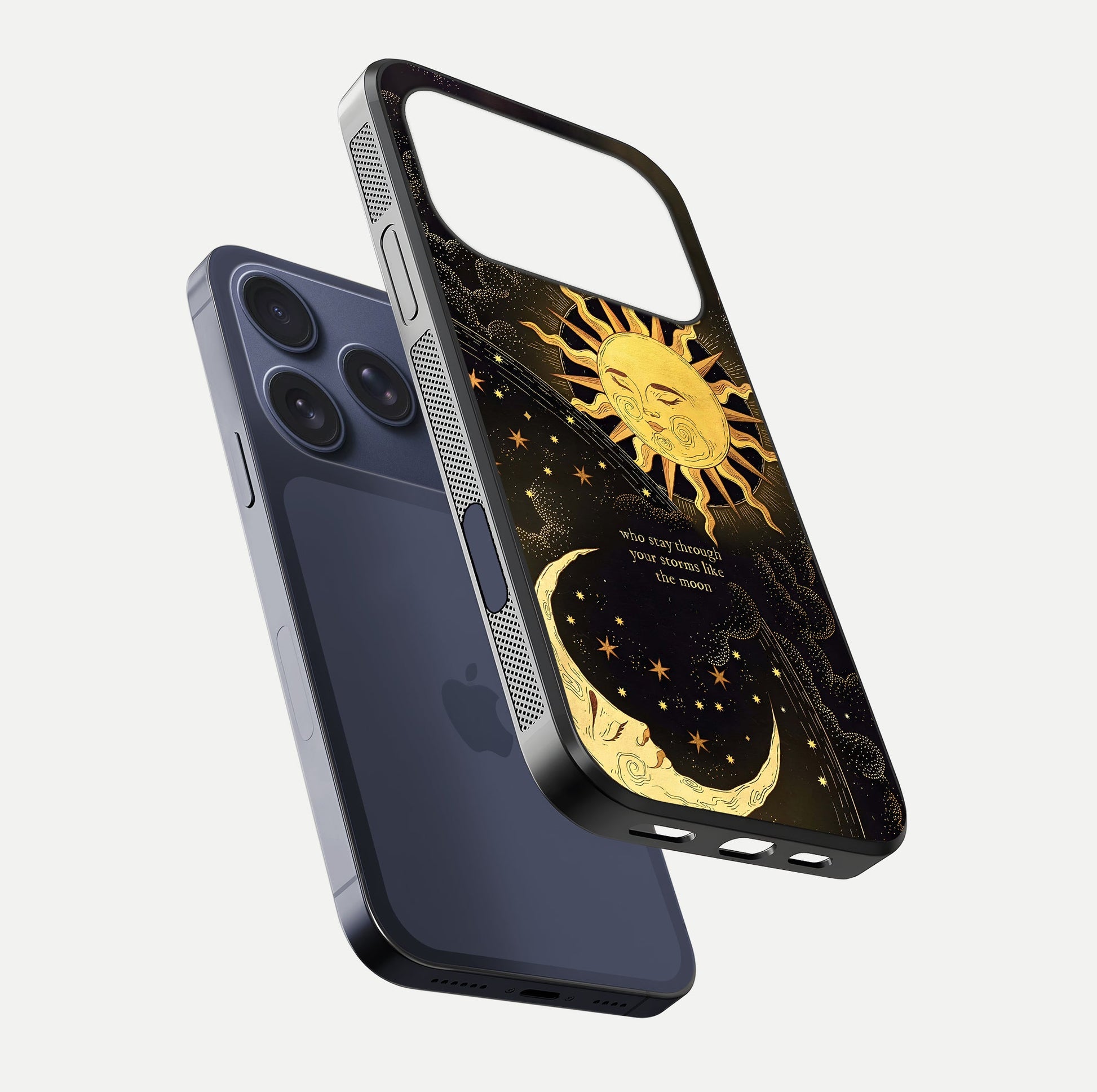 Golden Lunar Love Glass Case for iPhone 17 Pro floating dual-view mockup showing glossy glow and romantic theme