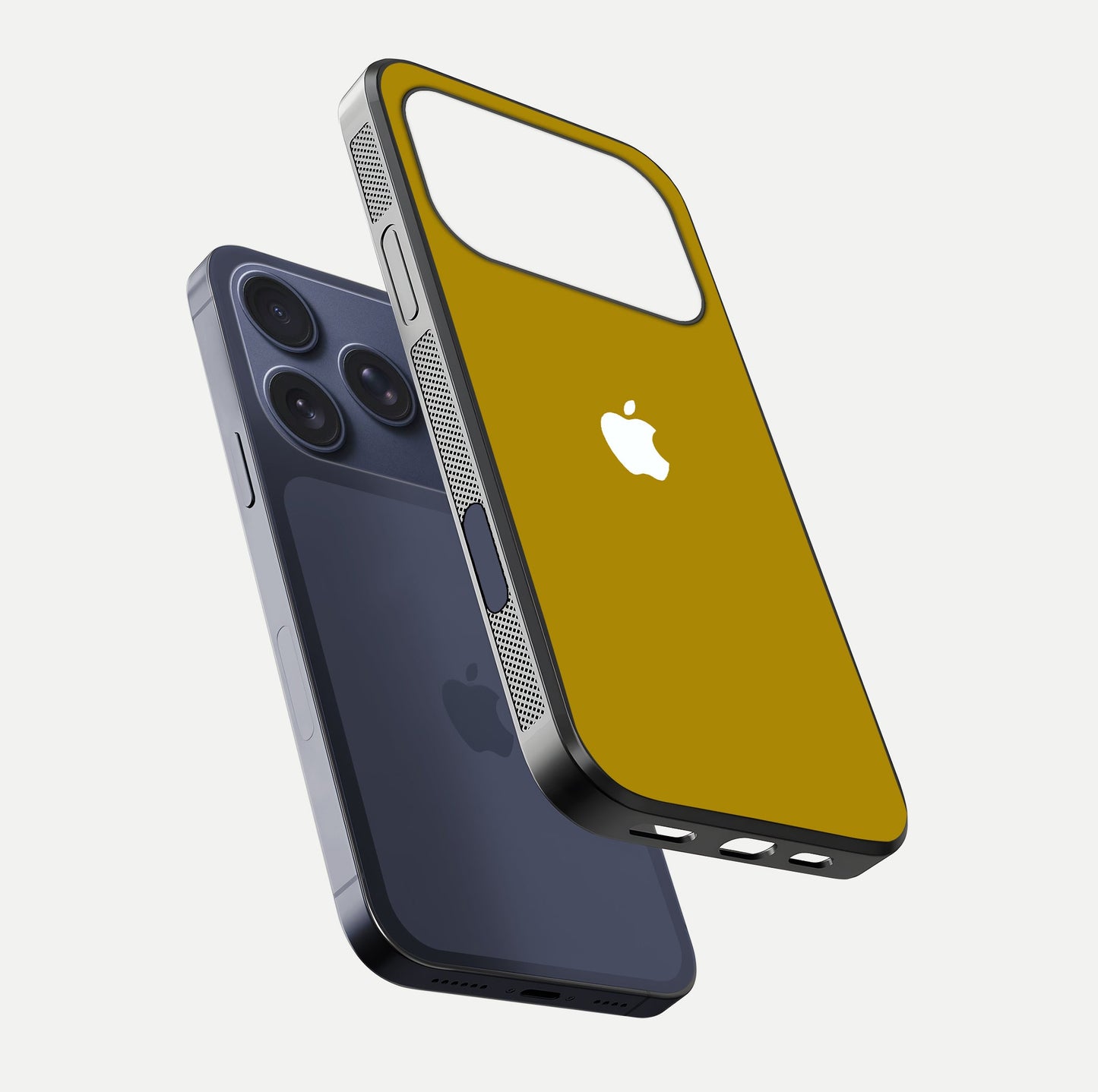 Golden Luxe Aura Glass Case for iPhone 17 Pro floating dual-view mockup showing glossy texture and elegant gold gradient