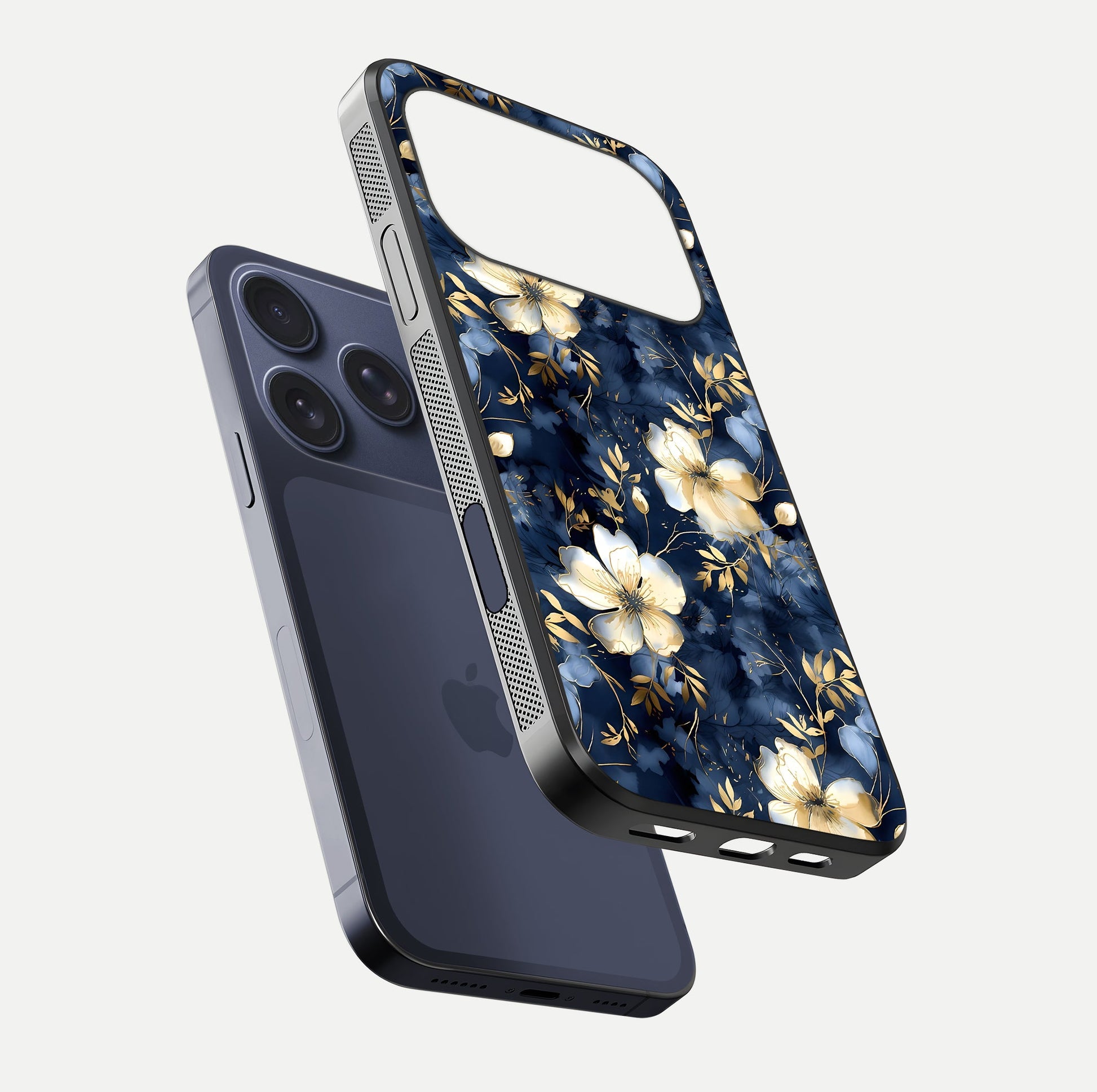 Golden Midnight Bloom Glass Case for iPhone 17 Pro floating dual-view mockup showing gloss polish and metallic reflection