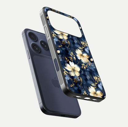 Golden Midnight Bloom Glass Case for iPhone 17 Pro floating dual-view mockup showing gloss polish and metallic reflection