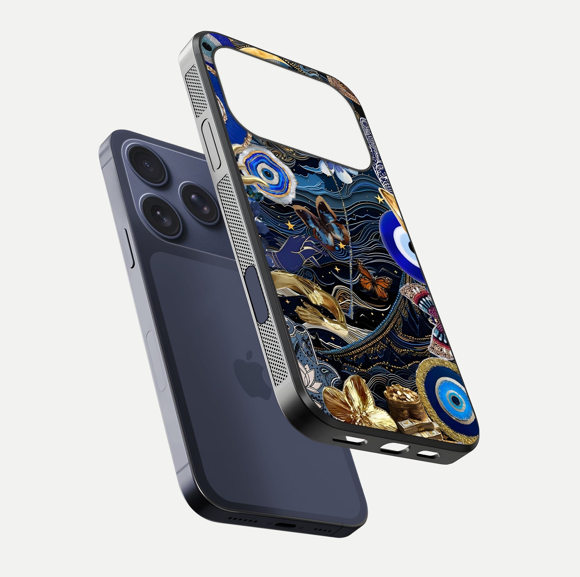 Golden Moon Magic Glass Case for iPhone 17 Pro floating dual-view mockup showing gloss texture and golden illumination