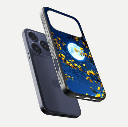 Golden Night Glow Glass Case for iPhone 17 Pro floating dual-view mockup showing gloss polish and luxury shine