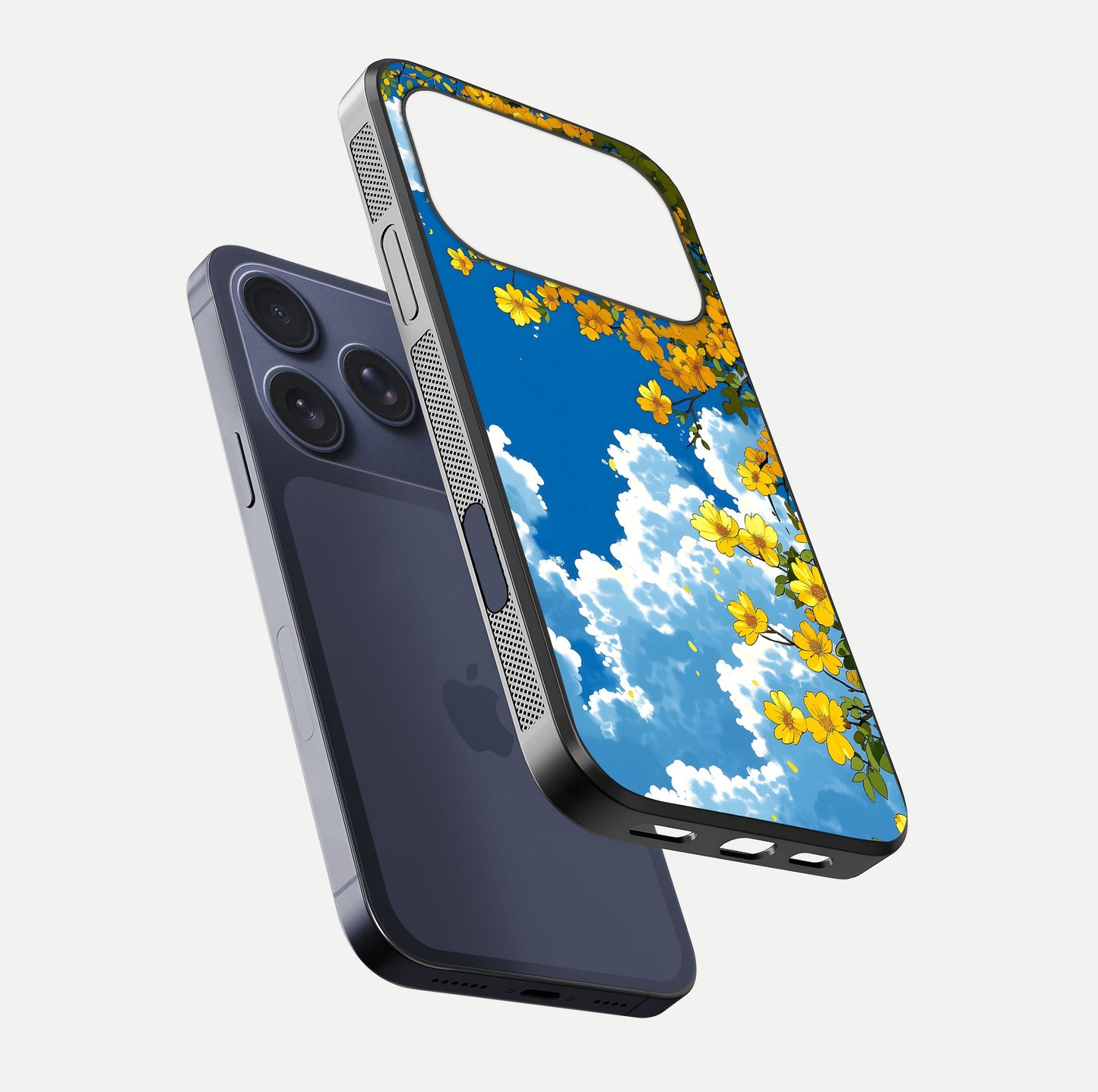 Golden Petal Sky Glass Case for iPhone 17 Pro floating dual-view mockup showing gloss brilliance and gold detail