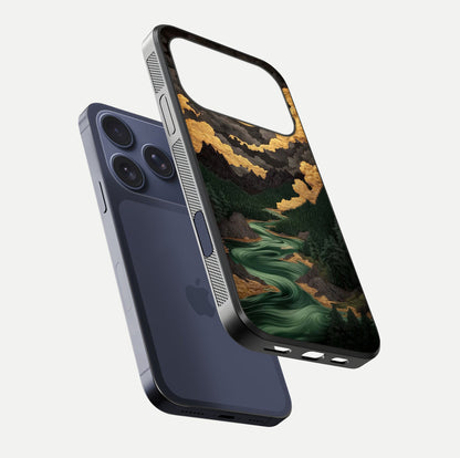 Golden River Moon Glass Case for iPhone 17 Pro floating dual-view mockup showing gloss surface and luxury tone