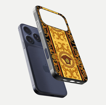 Golden Royal Heritage Glass Case for iPhone 17 Pro floating dual-view mockup showing glossy surface and rich regal tone