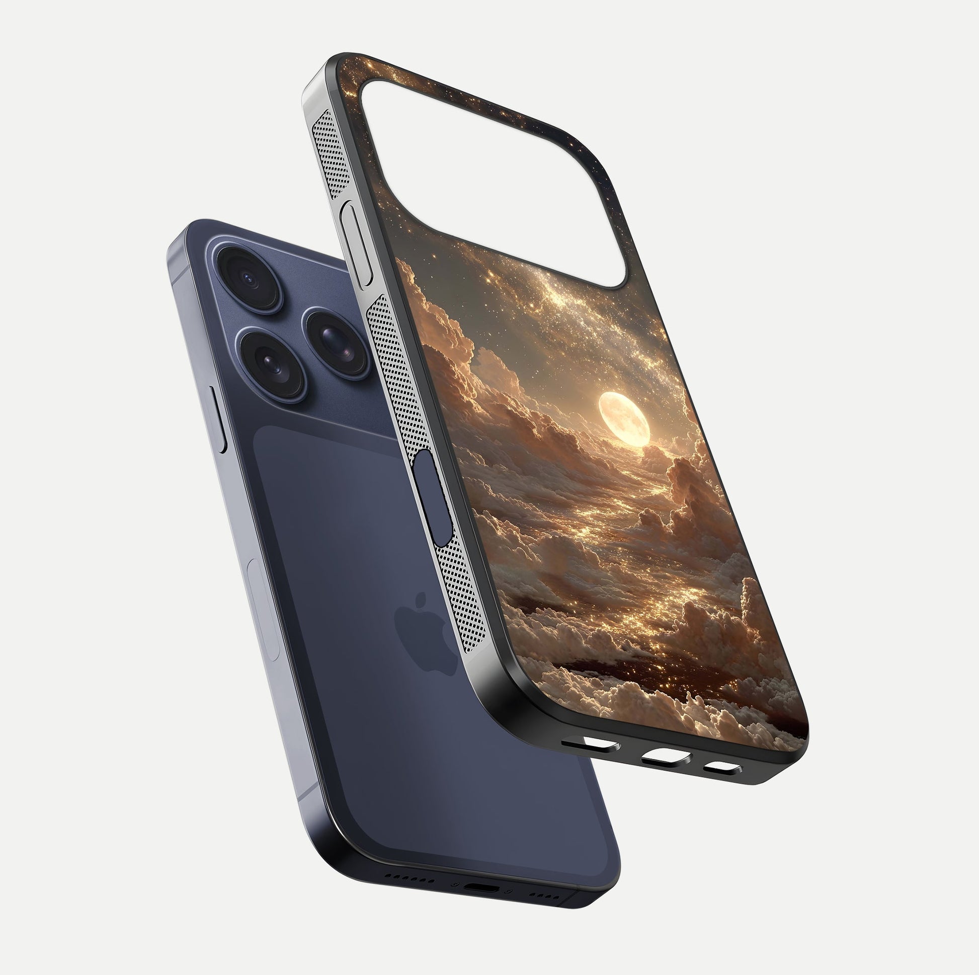 Golden Sky Dream Glass Case for iPhone 17 Pro floating dual-view mockup showing gloss depth and elegant finish