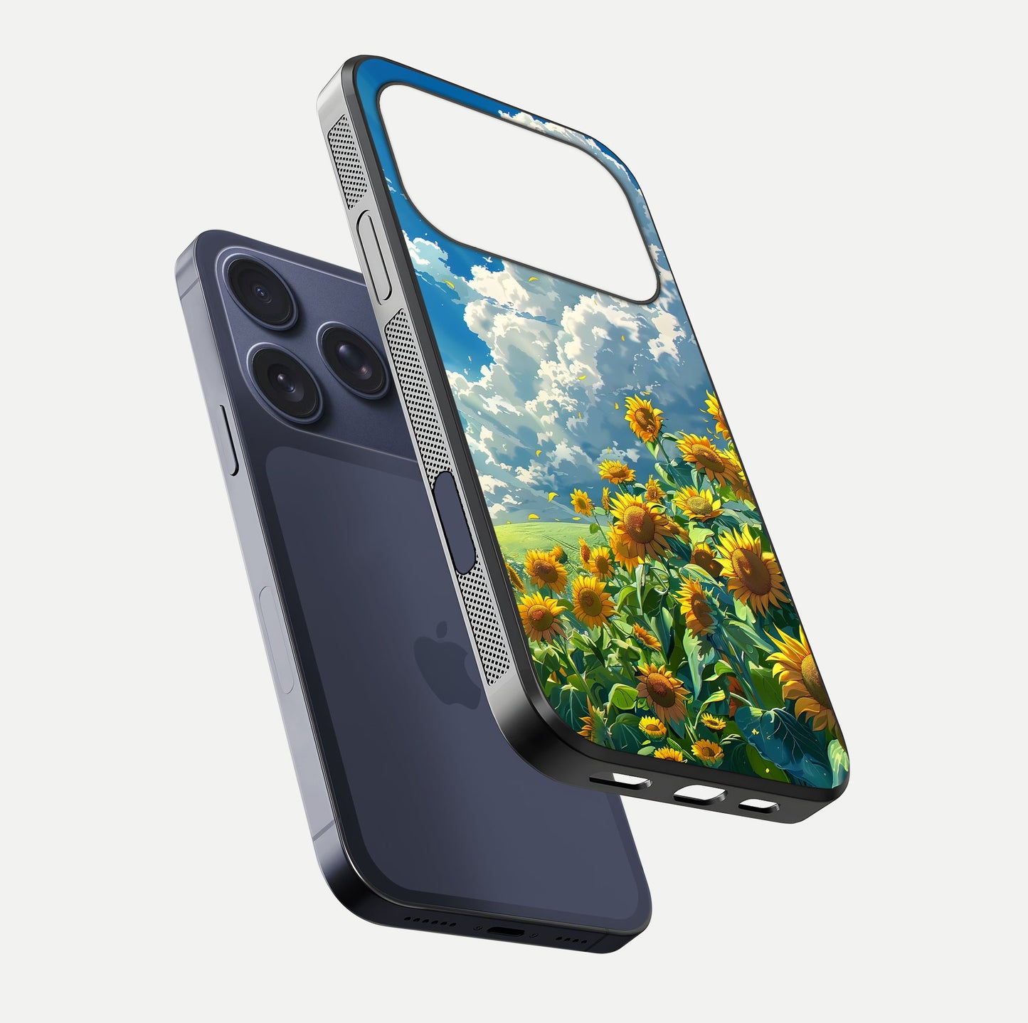 Golden Sun Glory Glass Case for iPhone 17 Pro floating dual-view mockup showing gloss shine and premium surface