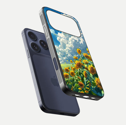 Golden Sun Glory Glass Case for iPhone 17 Pro floating dual-view mockup showing gloss shine and premium surface