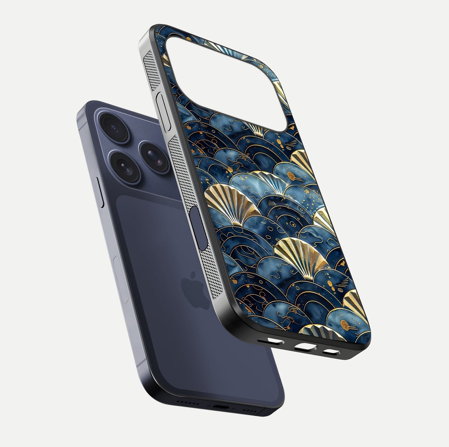 Golden Wave Luxe Glass Case for iPhone 17 Pro floating dual-view mockup showing gloss surface and shimmering tones