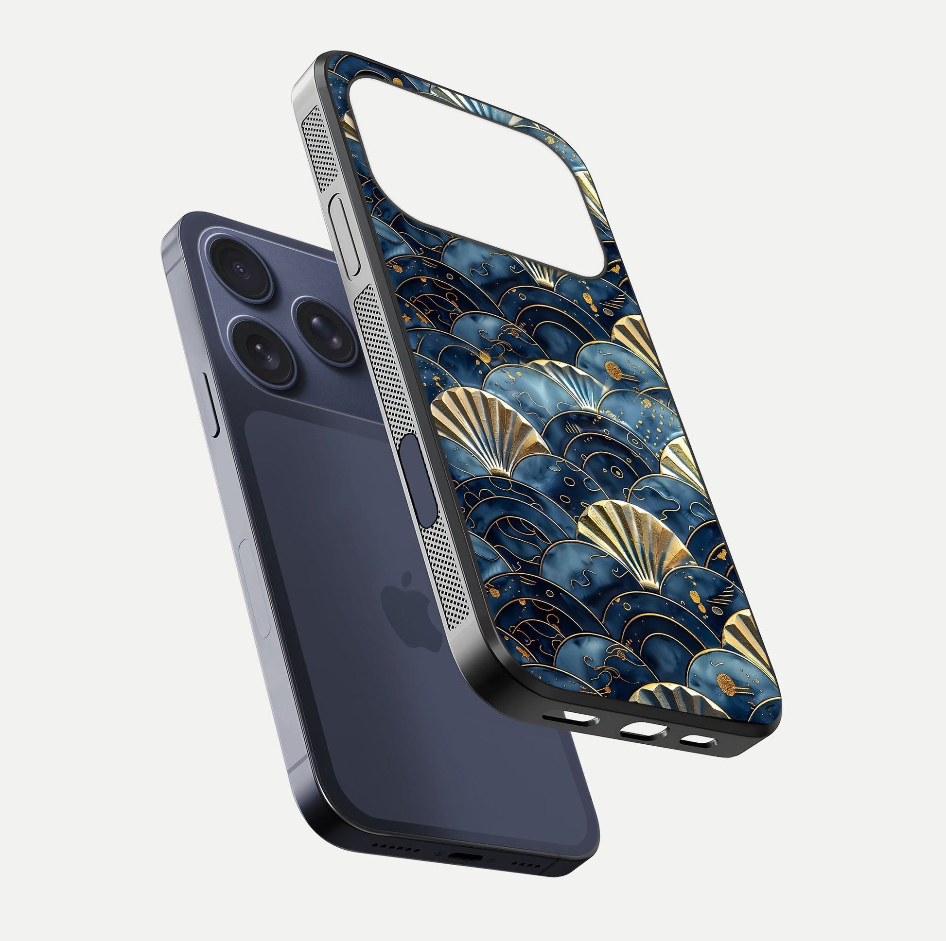 Golden Wave Luxe Glass Case for iPhone 17 Pro floating dual-view mockup showing gloss surface and shimmering tones