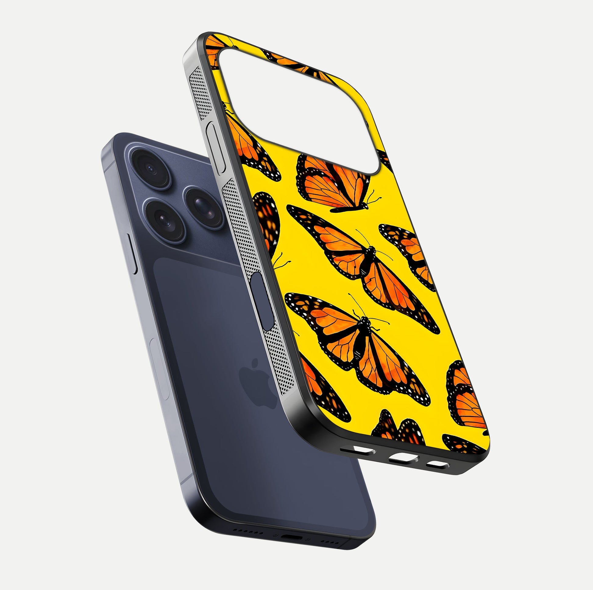 Golden Wing Flight Glass Case for iPhone 17 Pro floating dual-view mockup showing gloss reflection and luxury tone
