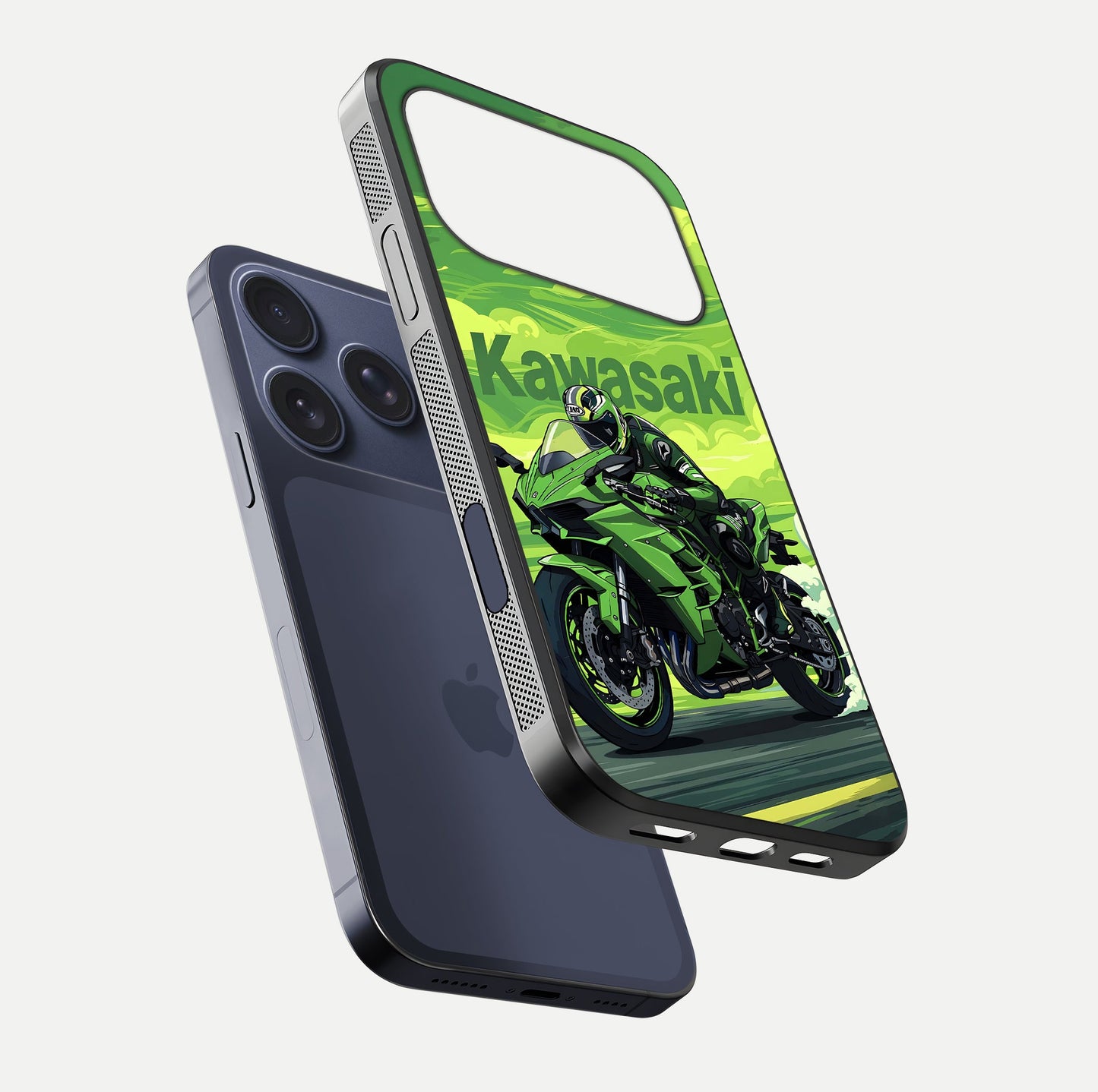 Green Kawasaki Glass Case for iPhone 17 Pro floating dual-view mockup showing gloss surface and power-bike theme