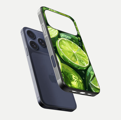 Green Lemon Glass Case for iPhone 17 Pro floating dual-view mockup showing glossy surface and fruity freshness