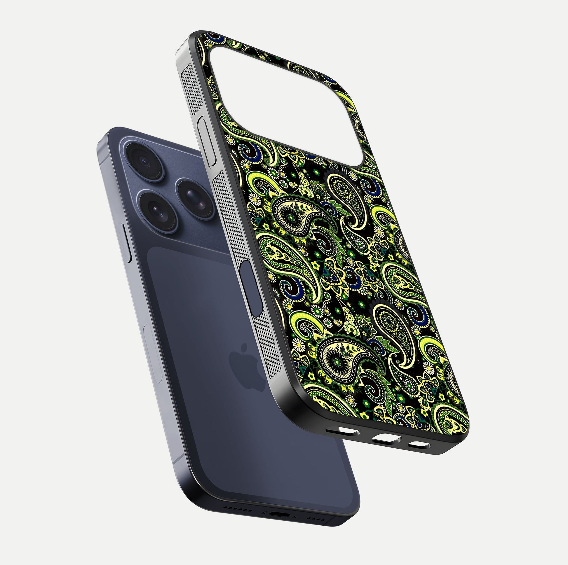 Green Mandala Pattern Glass Case for iPhone 17 Pro floating dual-view mockup showing gloss texture and symmetry shine