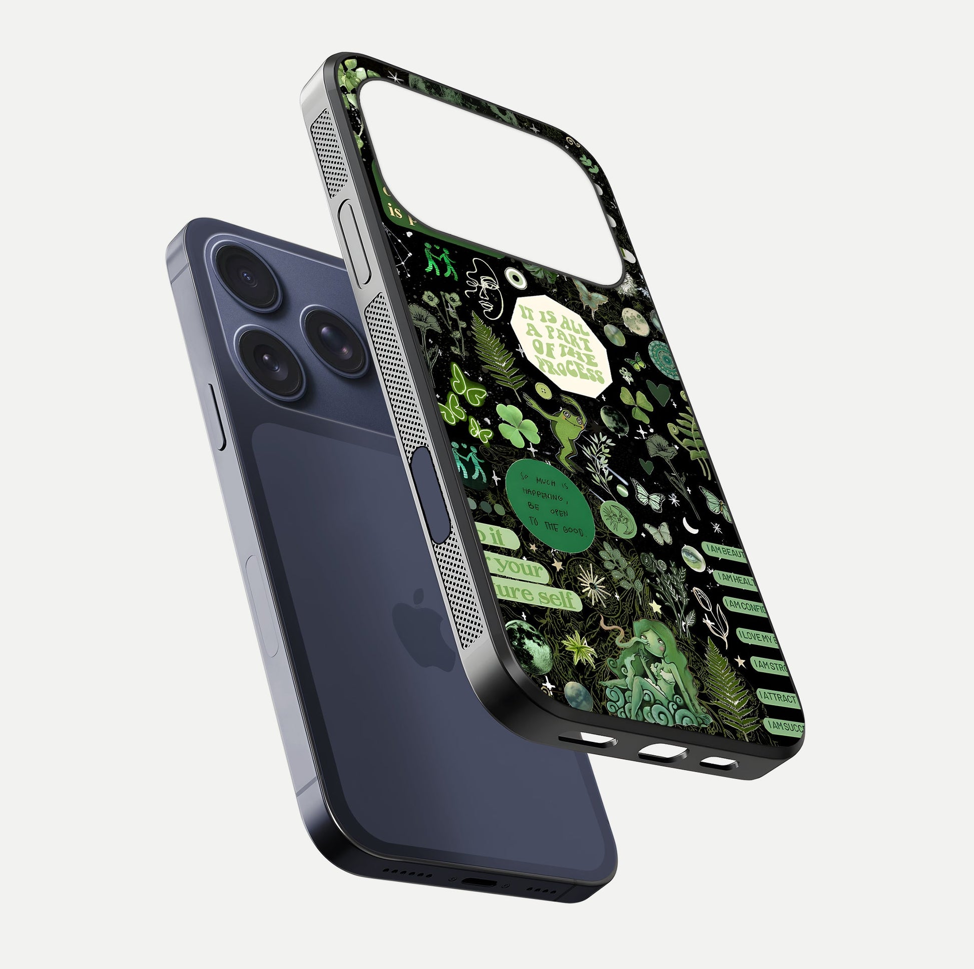 Green Moon Energy Glass Case for iPhone 17 Pro floating dual-view mockup showing glossy texture and energy aura
