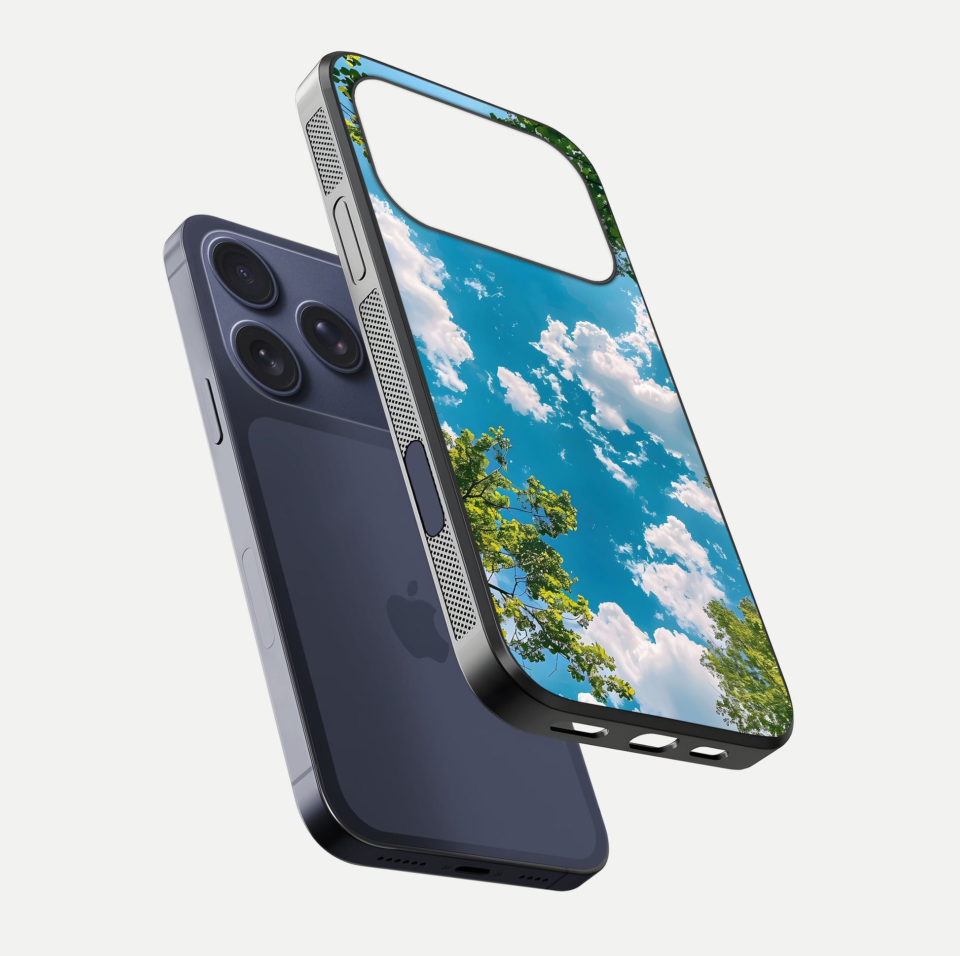 Greenery Sky Glass Case for iPhone 17 Pro floating dual-view mockup showing glossy shine and soft natural tones
