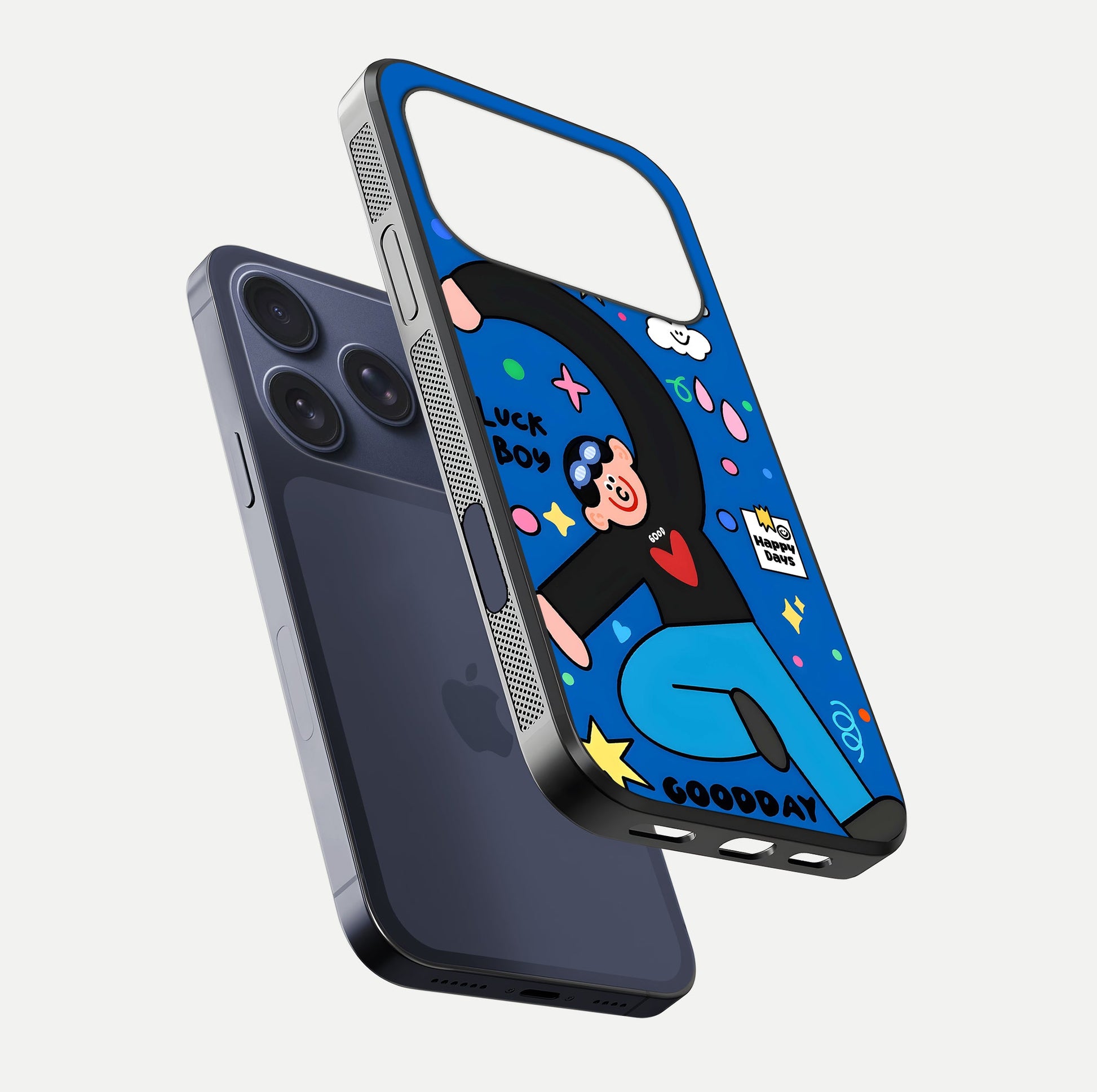 Happy Luck Vibe Glass Case for iPhone 17 Pro floating dual-view mockup showing glossy tone and bright finish