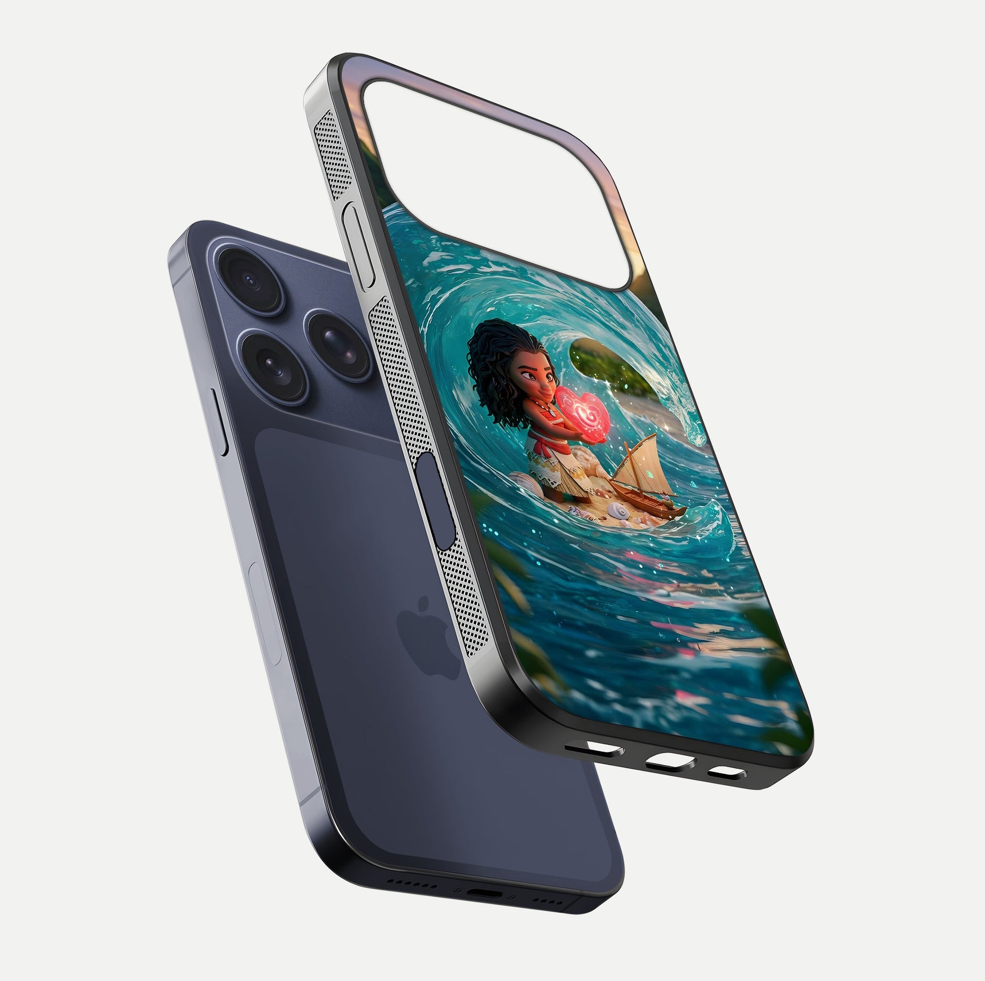 Heart of Ocean Glass Case for iPhone 17 Pro floating dual-view mockup showing gloss surface and aquatic design