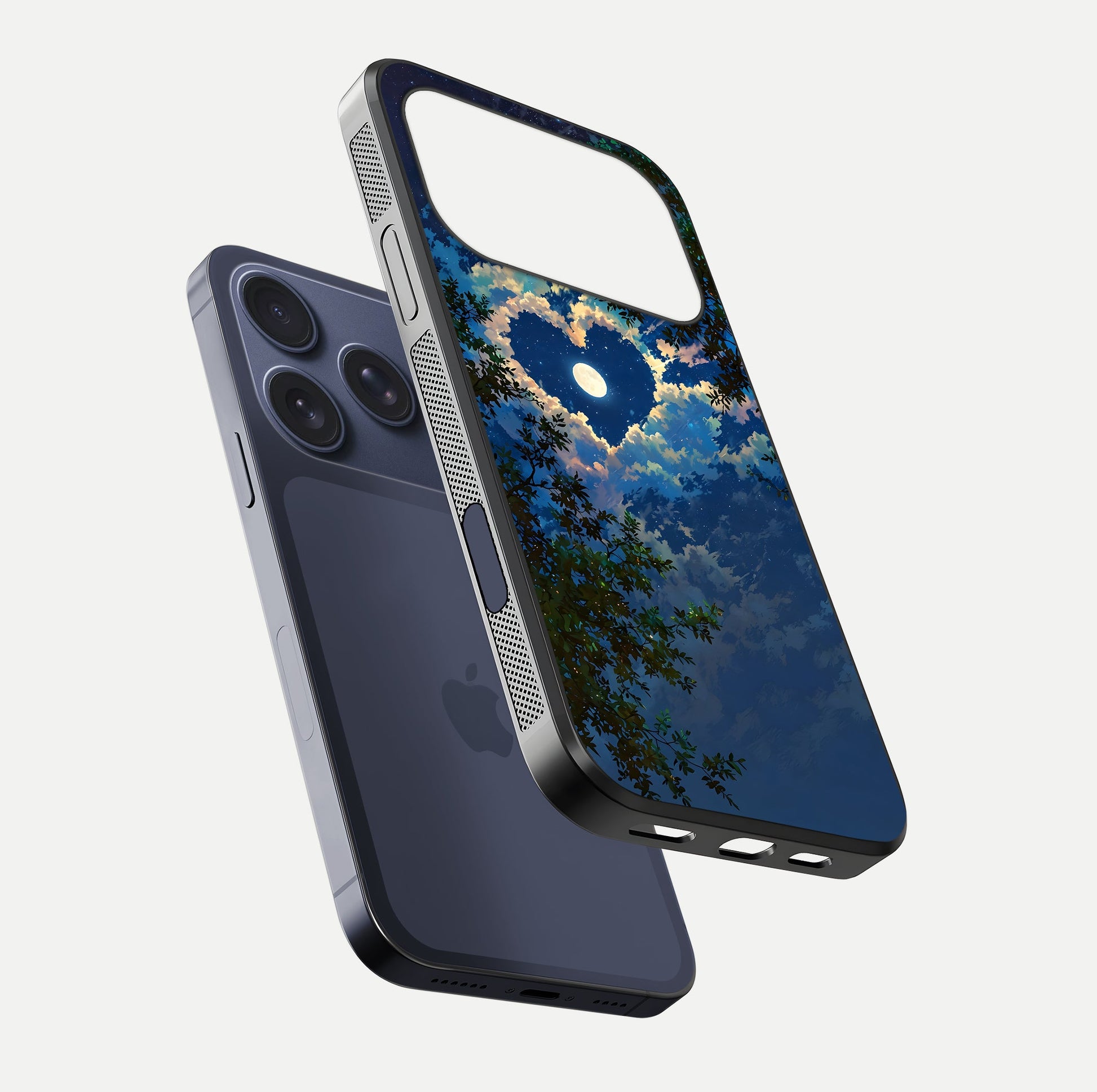 Heart with Moon Sky Glass Case for iPhone 17 Pro floating dual-view mockup showing gloss texture and romantic sky glow
