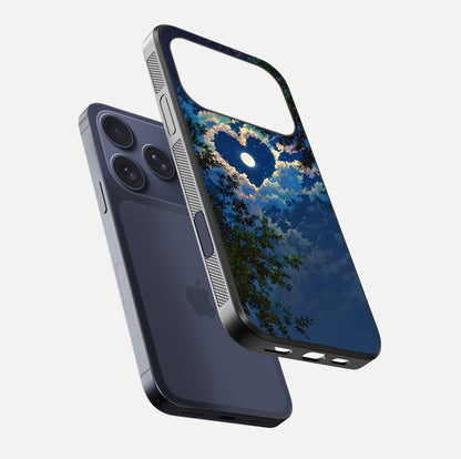 Heart with Moon Sky Glass Case for iPhone 17 Pro floating dual-view mockup showing gloss texture and romantic sky glow