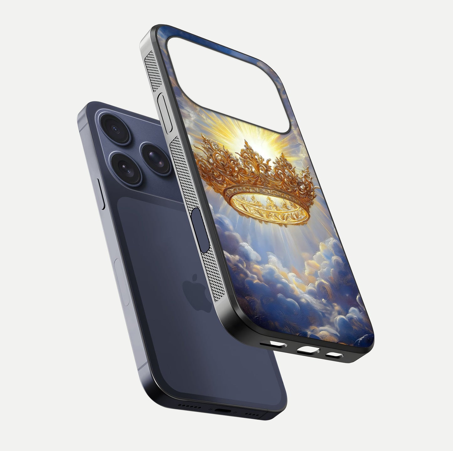 Heavenly Crown Light Glass Case for iPhone 17 Pro floating dual-view mockup showing gloss shine and luminous crown texture