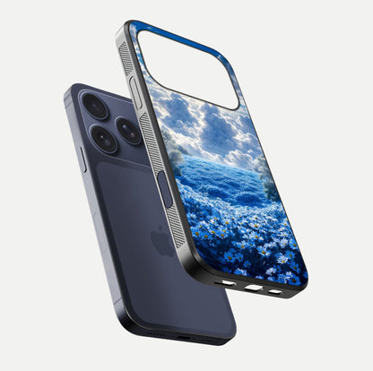 Heavenly Daisy Horizon Glass Case for iPhone 17 Pro floating dual-view mockup showing gloss polish and soft pastel background