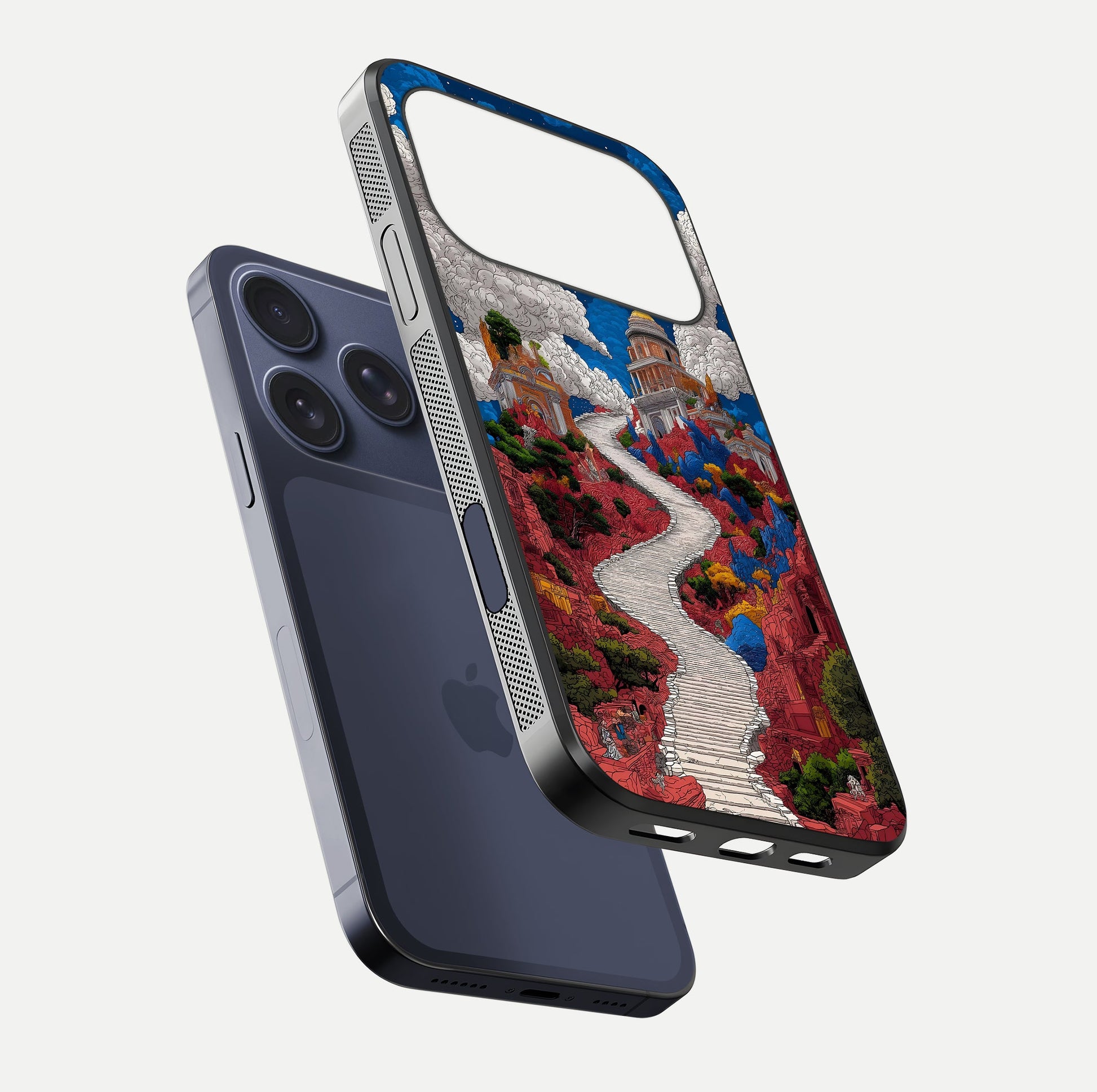 Heavenly Moon Path Glass Case for iPhone 17 Pro floating dual-view mockup showing gloss surface and celestial pathway