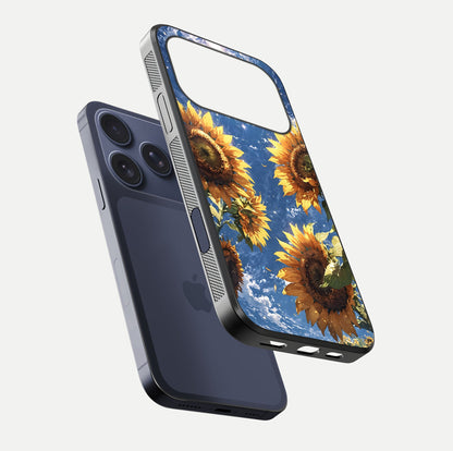 Heavenly Sunflower Rise Glass Case for iPhone 17 Pro floating dual-view mockup showing gloss brightness and morning-light feel