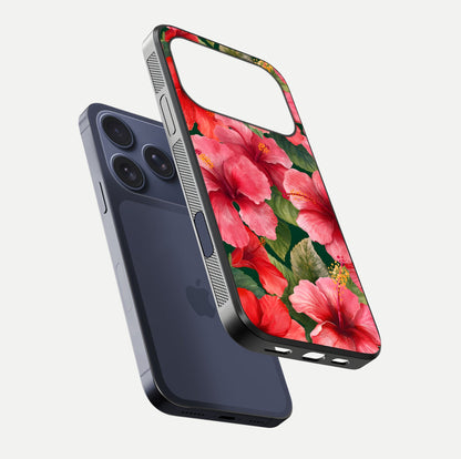 Hibiscus Pattern Glass Case for iPhone 17 Pro floating dual-view mockup showing glossy texture and vivid color depth