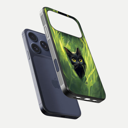 Hidden Cat Whisper Glass Case for iPhone 17 Pro floating dual-view mockup showing glossy tone and elegant cat silhouette