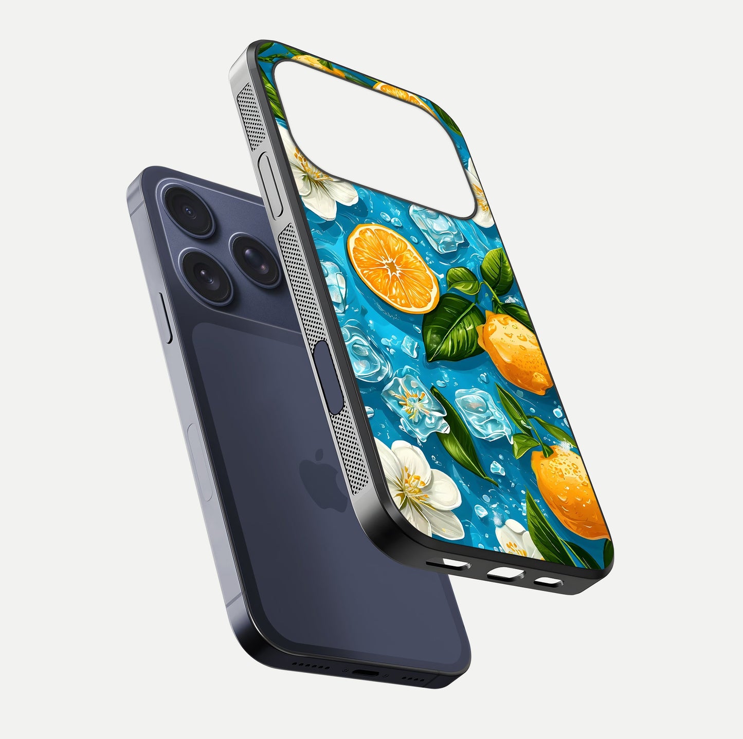 Ice Cube With Orange Glass Case for iPhone 17 Pro floating dual-view mockup showing glossy shine and cool refreshing tone