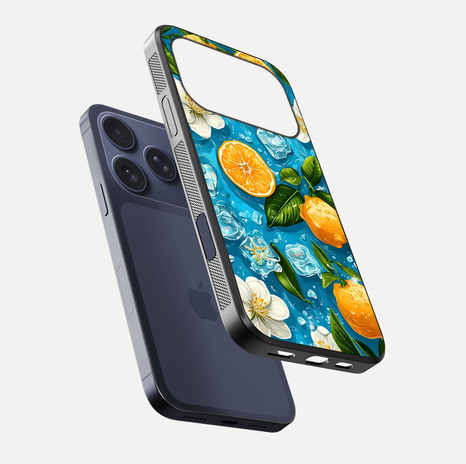 Ice Cube With Orange Glass Case for iPhone 17 Pro floating dual-view mockup showing glossy shine and cool refreshing tone
