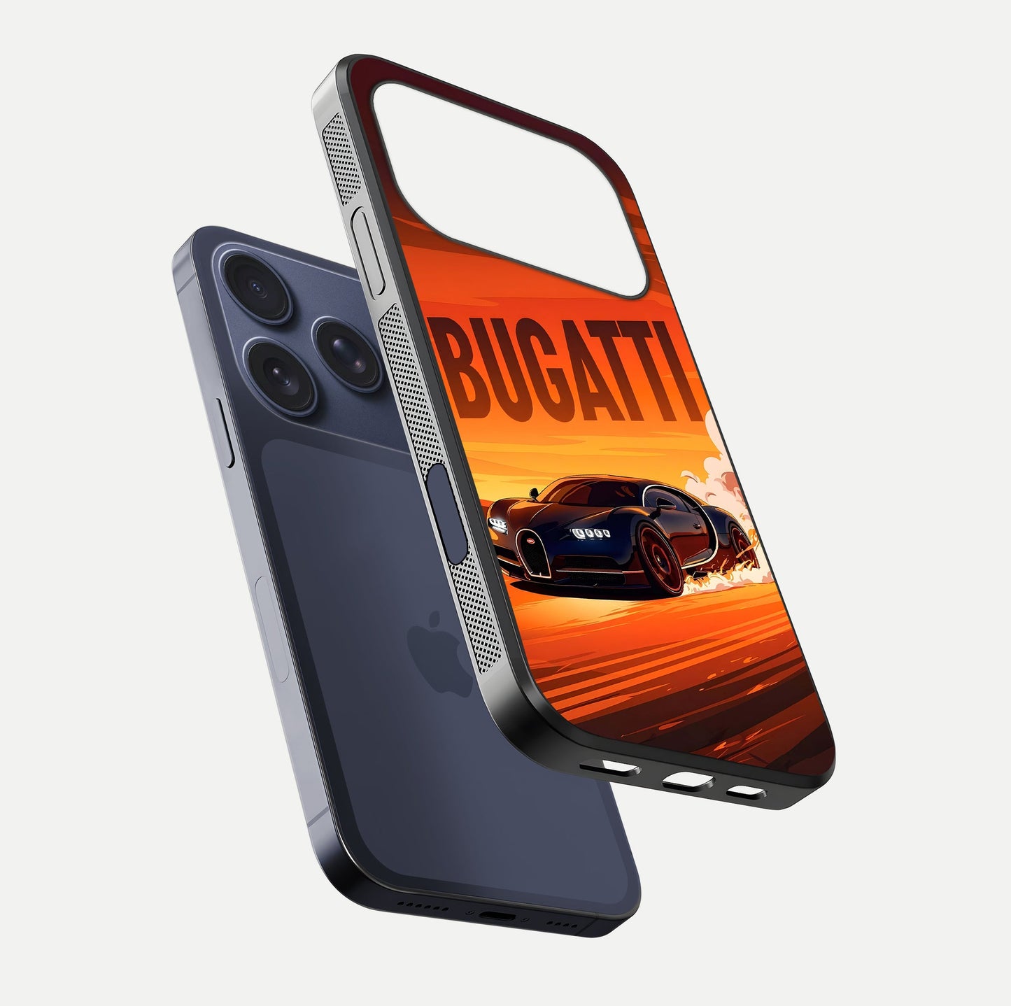 Inferno Bugatti Storm Glass Case for iPhone 17 Pro floating dual-view mockup showing gloss surface and racing energy