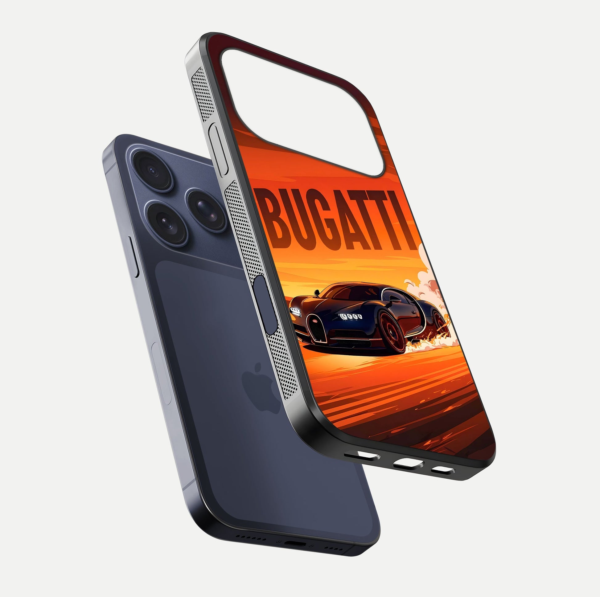 Inferno Bugatti Storm Glass Case for iPhone 17 Pro floating dual-view mockup showing gloss surface and racing energy