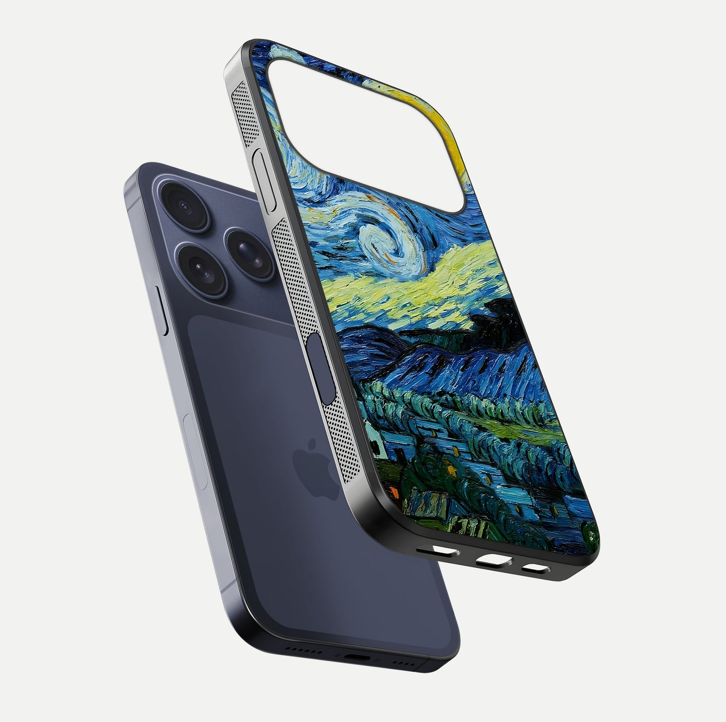 Inspired Van Gogh Art Glass Case for iPhone 17 Pro floating dual-view mockup showing gloss depth and artistic reflection