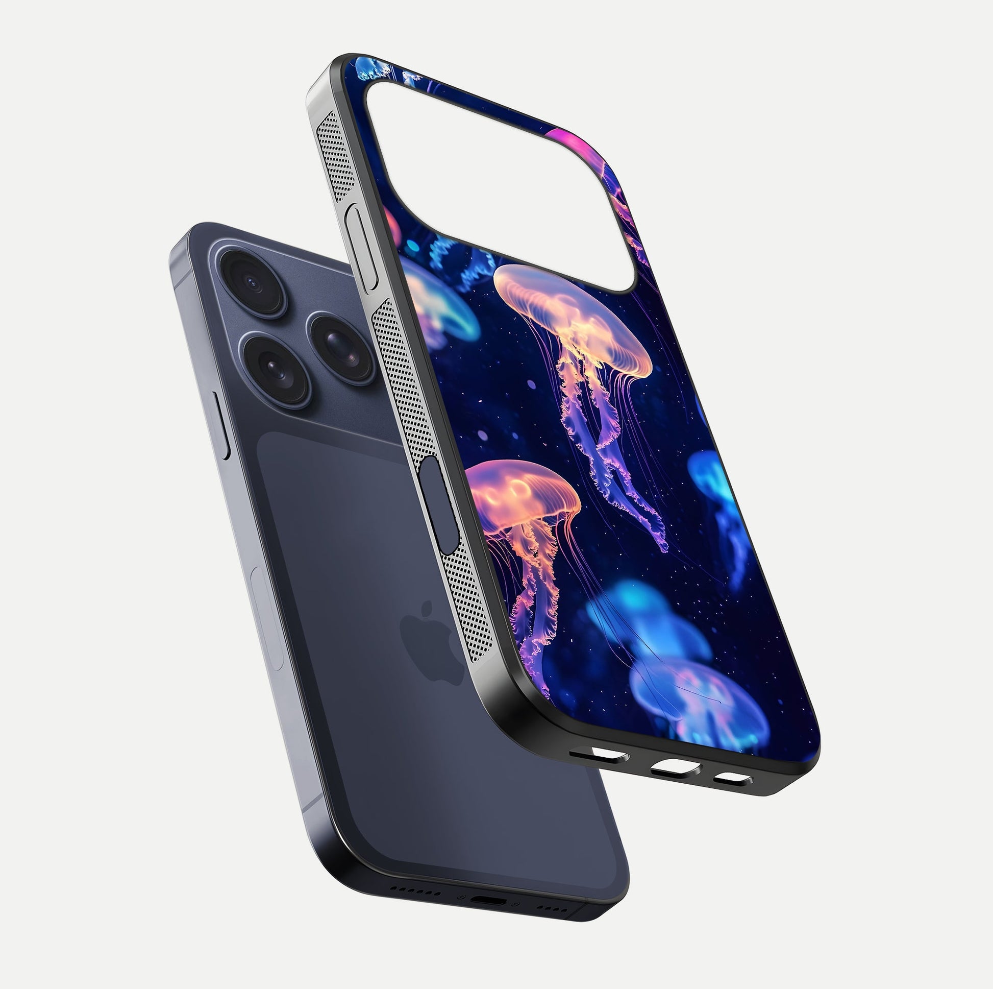 Jellyfish Pattern Glass Case for iPhone 17 Pro floating dual-view mockup showing gloss texture and oceanic depth