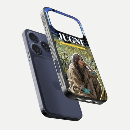 Jugni Soul Vibes Glass Case for iPhone 17 Pro floating dual-view mockup showing gloss surface and vivid design style