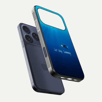 Just Keep Swimming Glass Case for iPhone 17 Pro floating dual-view mockup showing gloss brightness and wave motif