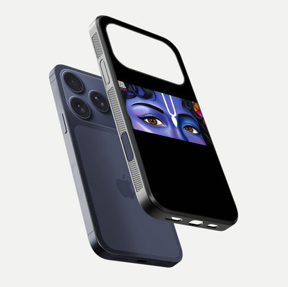 Krishna Eye Glass Case for iPhone 17 Pro floating dual-view mockup showing gloss surface and divine art depth