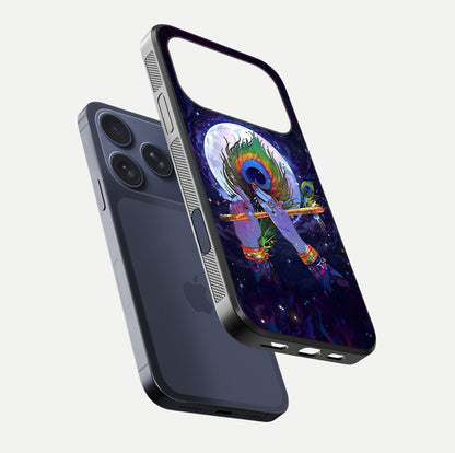Krishna Hands Art Glass Case for iPhone 17 Pro floating dual-view mockup showing premium gloss reflection