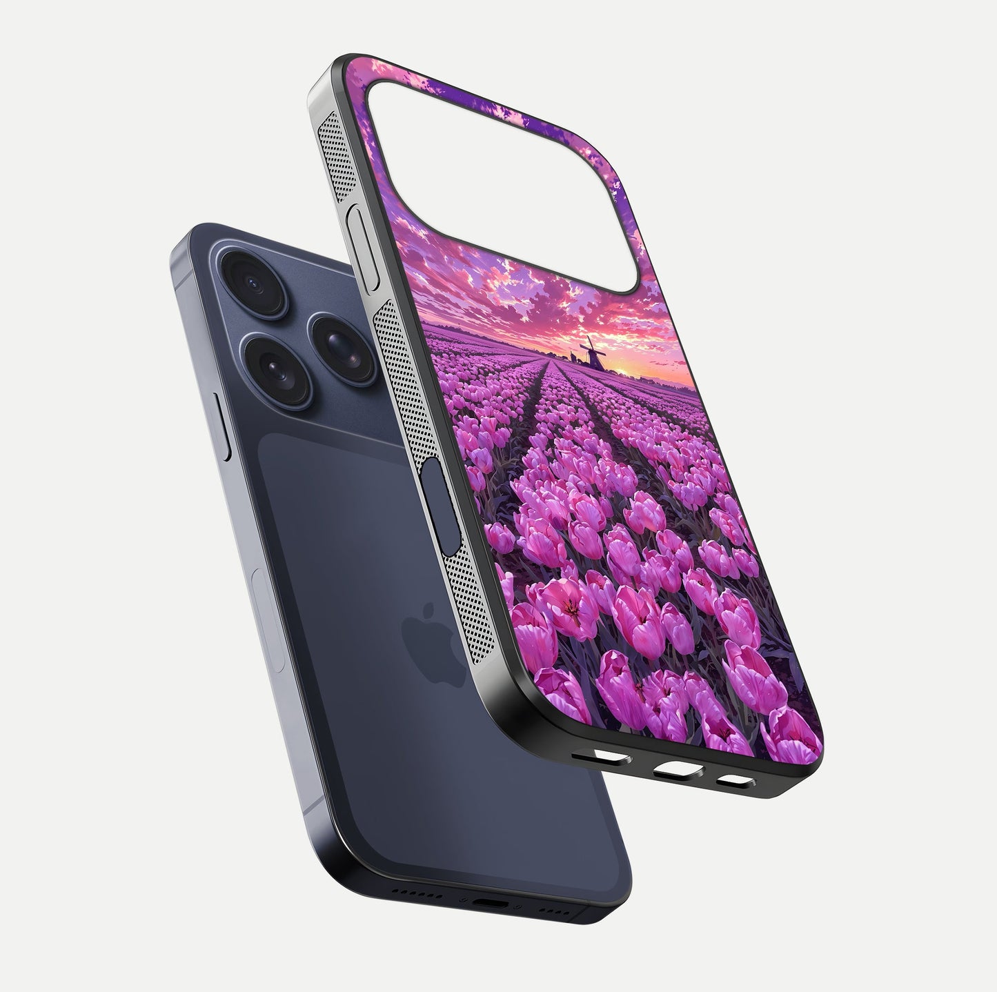 Lavender Dream Skies Glass Case for iPhone 17 Pro floating dual-view mockup showing gloss polish and pastel design