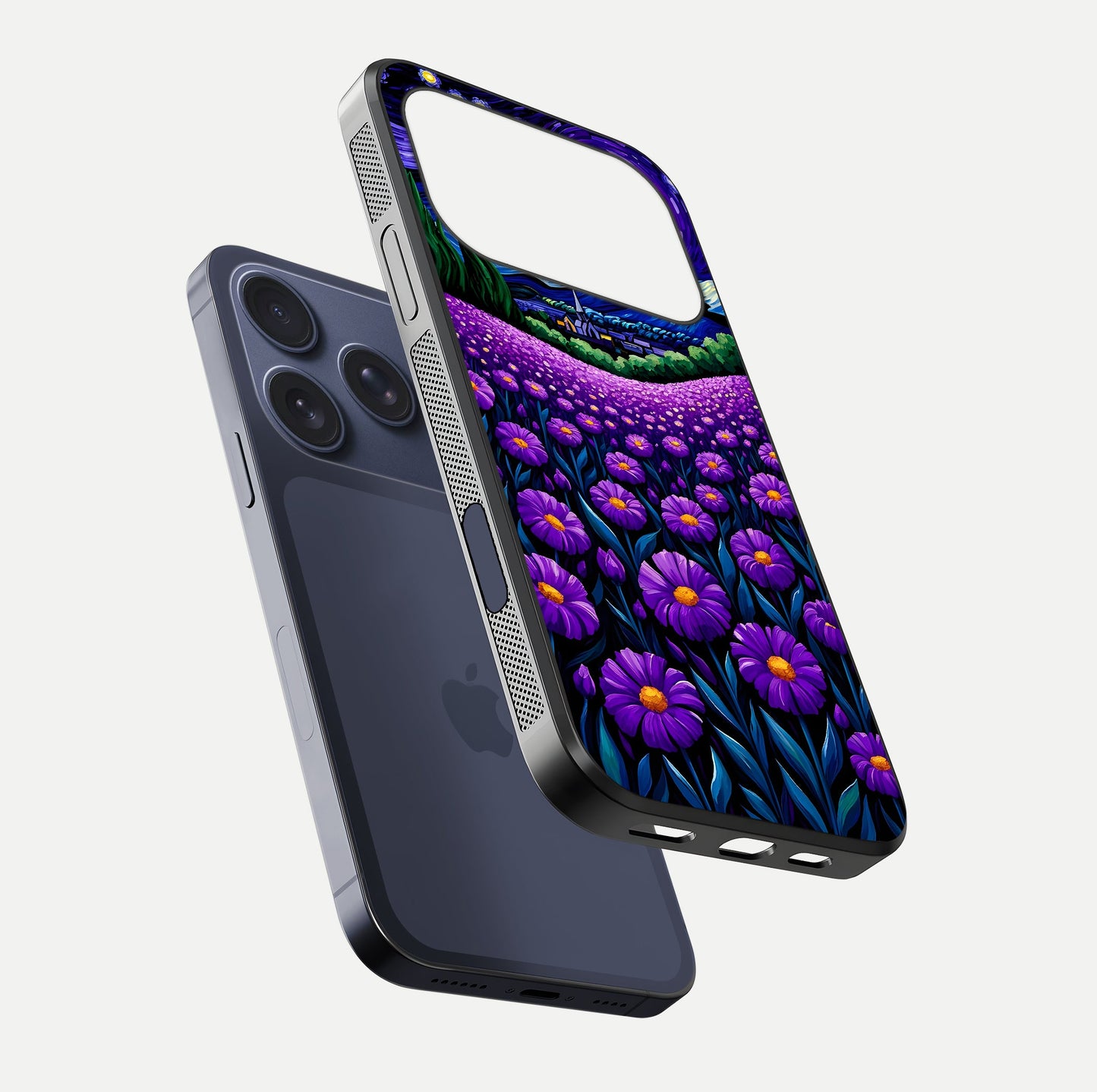 Lavender Moon Field Glass Case for iPhone 17 Pro floating dual-view mockup showing gloss surface and floral glow