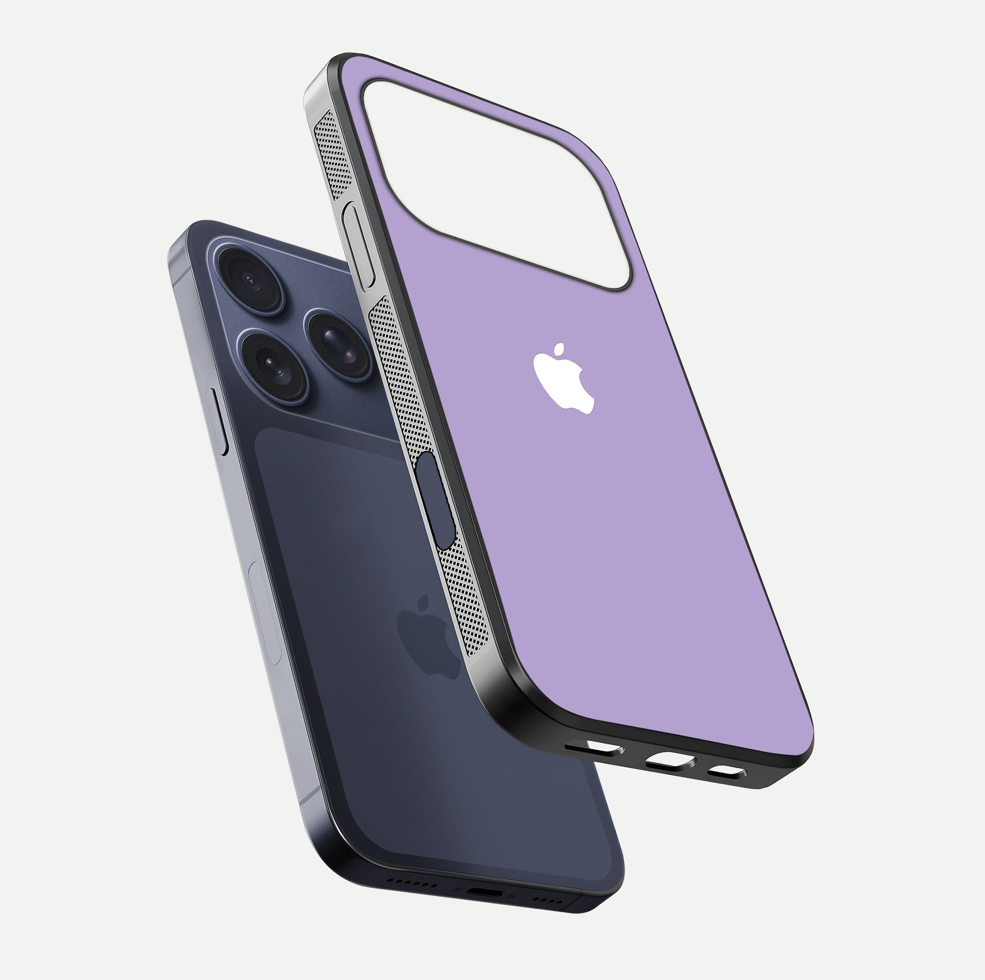 Lavender Soft Minimal Glass Case for iPhone 17 Pro floating dual-view mockup showing gloss reflection and pastel tone
