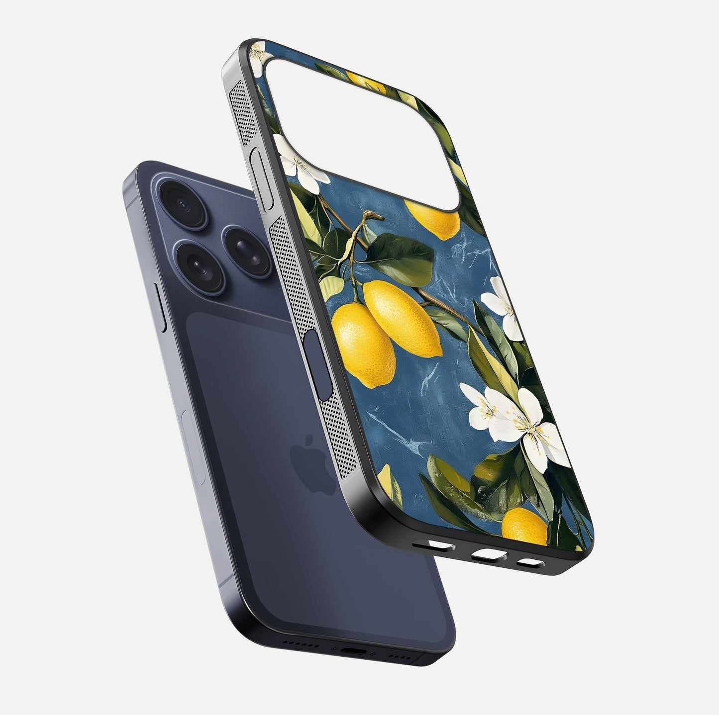 Lemon Dream Garden Glass Case for iPhone 17 Pro floating dual-view mockup showing gloss brightness and vivid yellow print